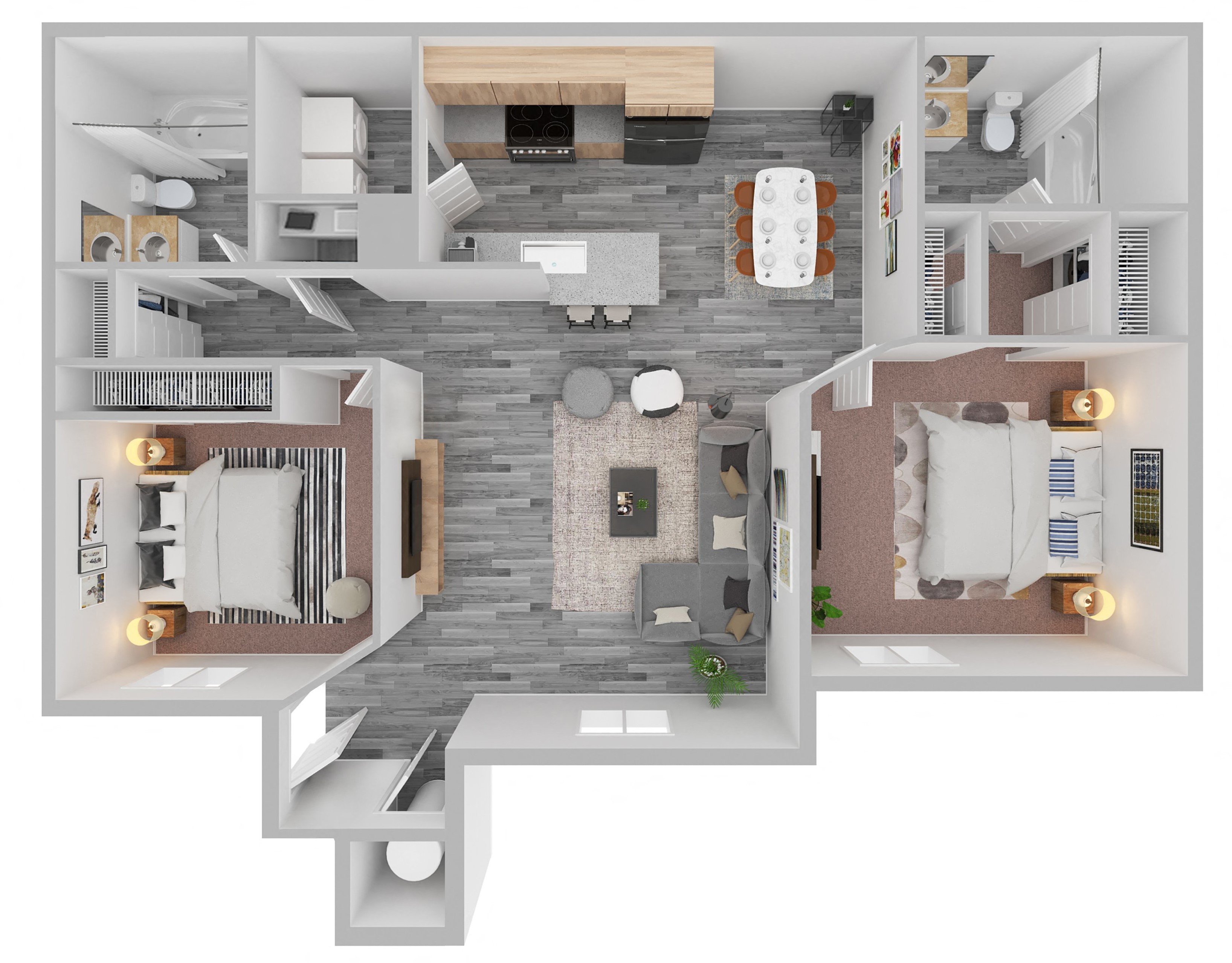 Floor plan for 2 beds, 2 baths, 950 sqft